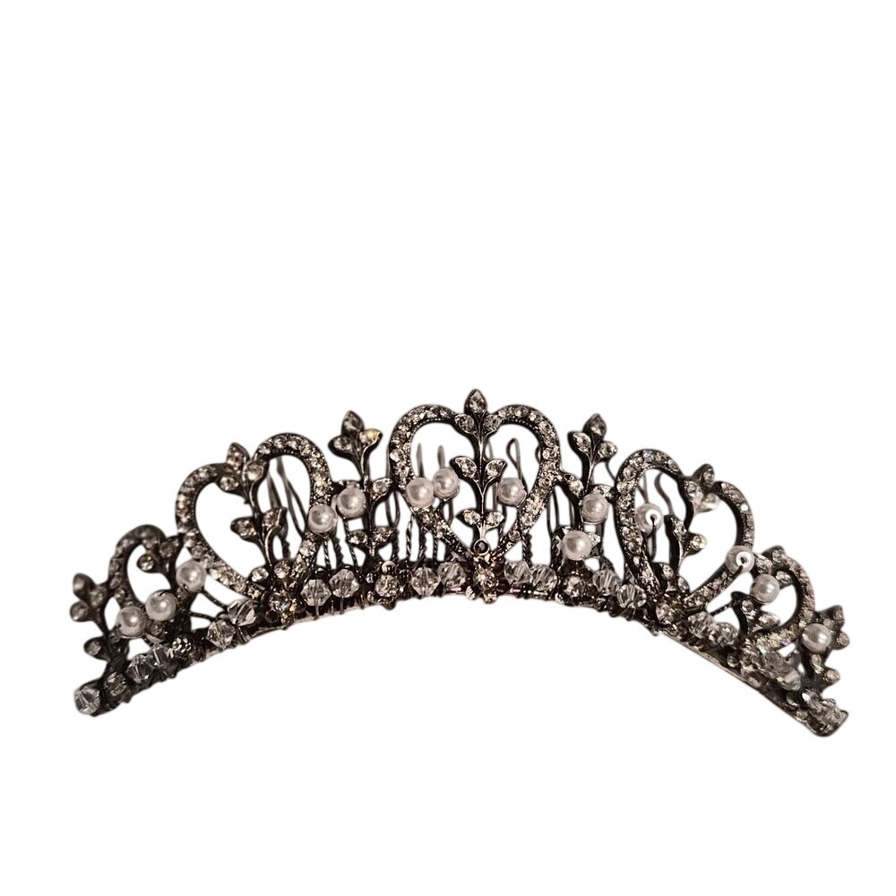 Vintage Heart Fleur De Lis Tiara Hair Comb Rhinestone Pearl Silver Tone Bridal